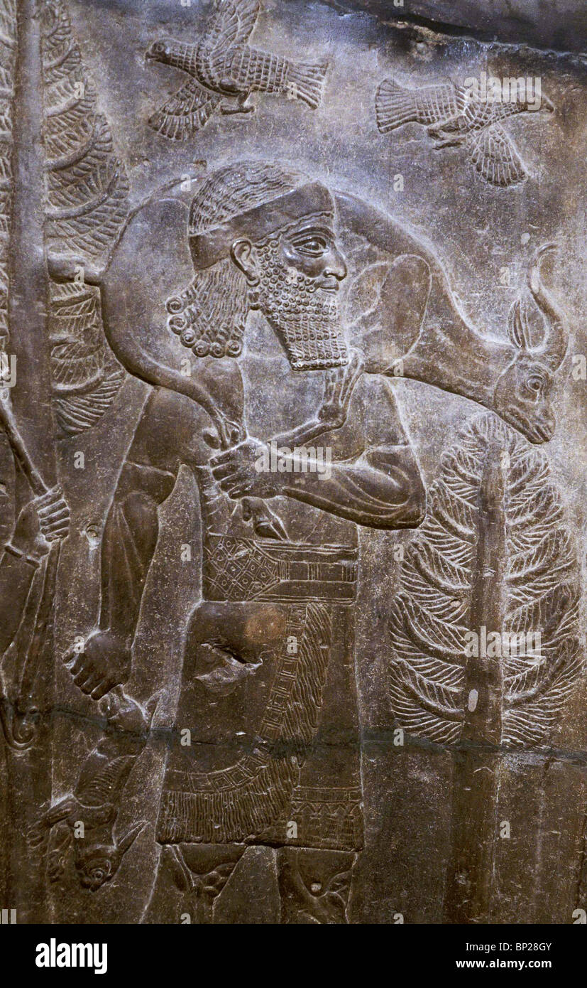 2174. HUNTER AND DEER, RELIEF FROM THE PALACE OF THE ASSYRIAN KING SARAGON II. AT KHORSABAD, 8TH. C. B.C.