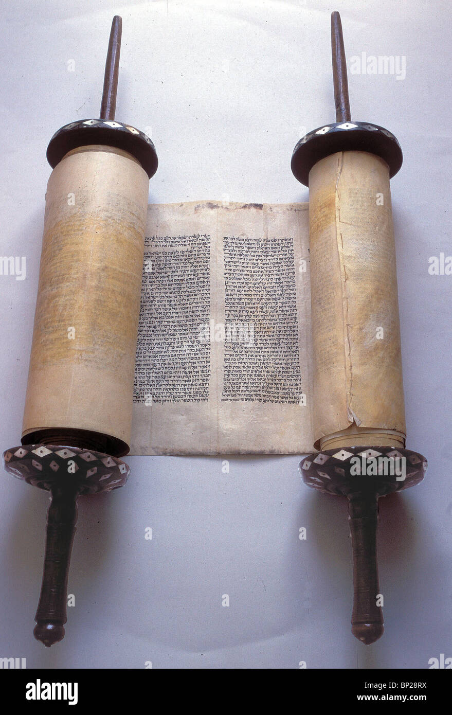2327. TORAH SCROLL FROM WHICH THE DAILY CHAPTER IS READ IN THE SYNAGOGUE Stock Photo