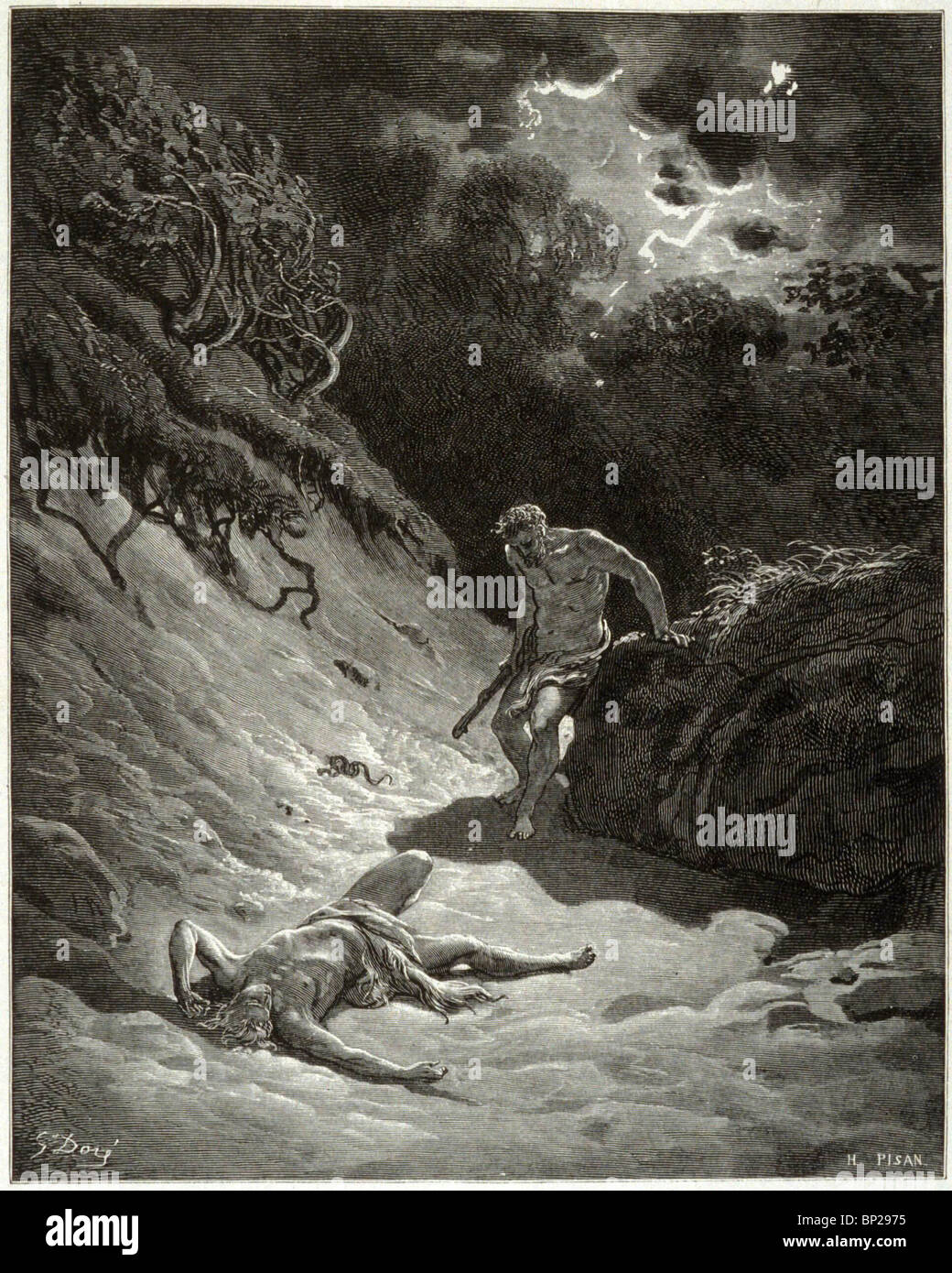 DEATH OF ABEL & it came to pass...Cain rose up against Abel his brother & slew him. GENESIS 04:08 ILLUSTRATION FROM THE DORE' Stock Photo