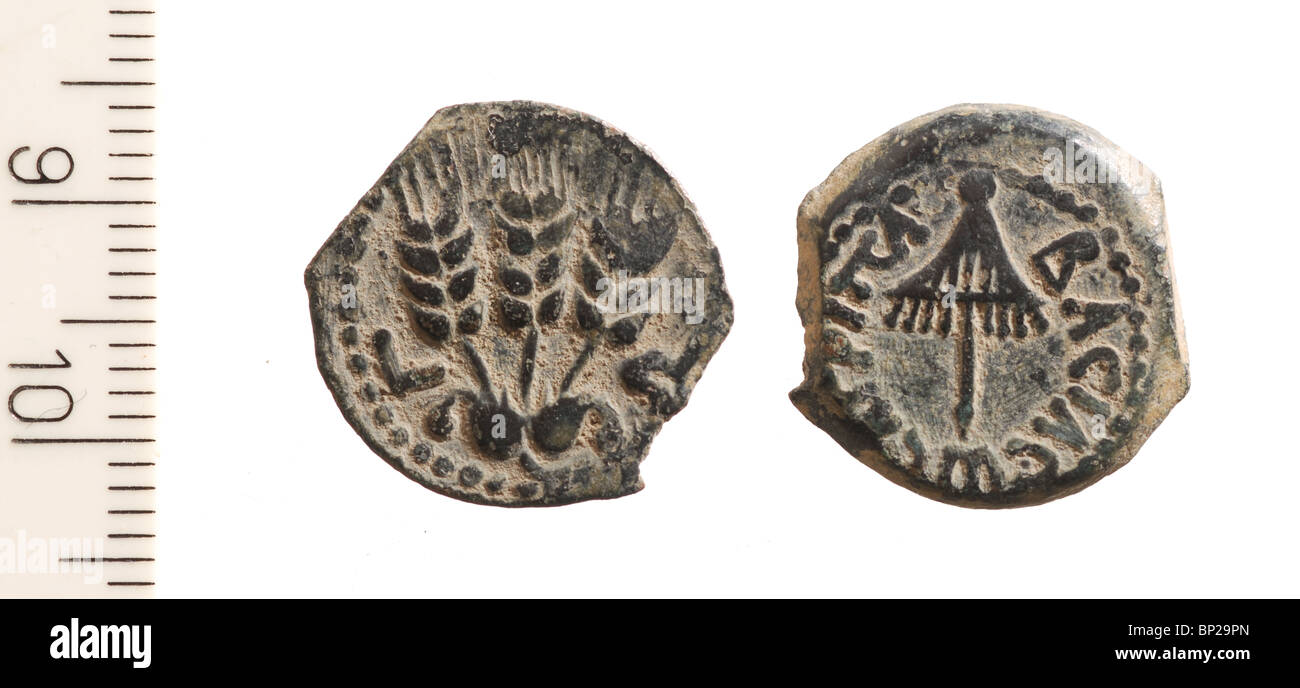 3271. BRONZE COIN OF HEROD AGRIPPA I. (37-44 AD), OBV: CANOPY, REV: THREE EARS OF BARLEY Stock Photo