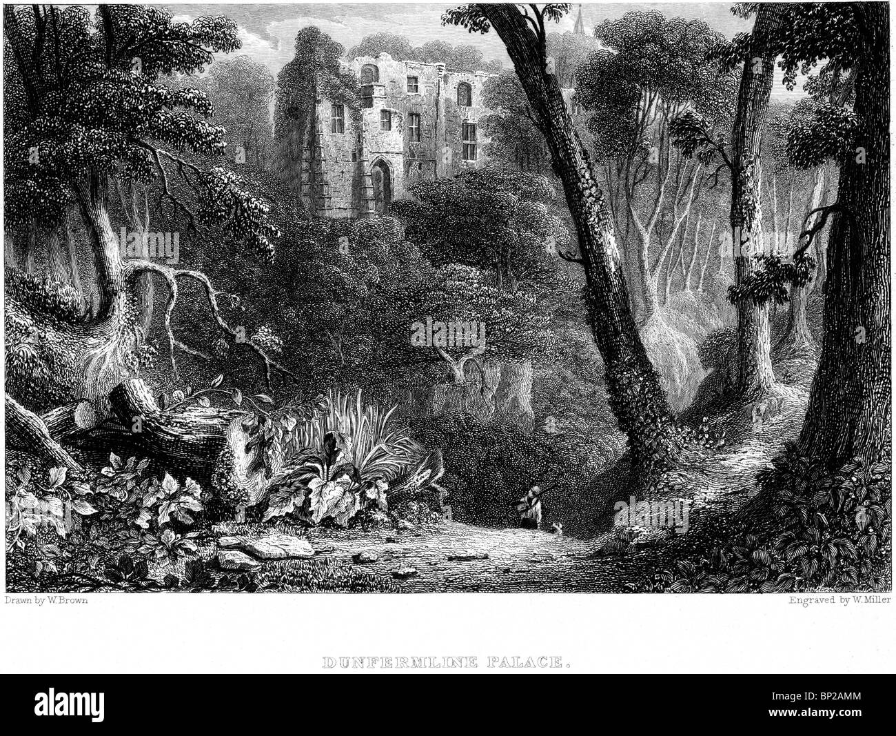 An engraving of Dunfermline Palace, Fife, Scotland scanned at high