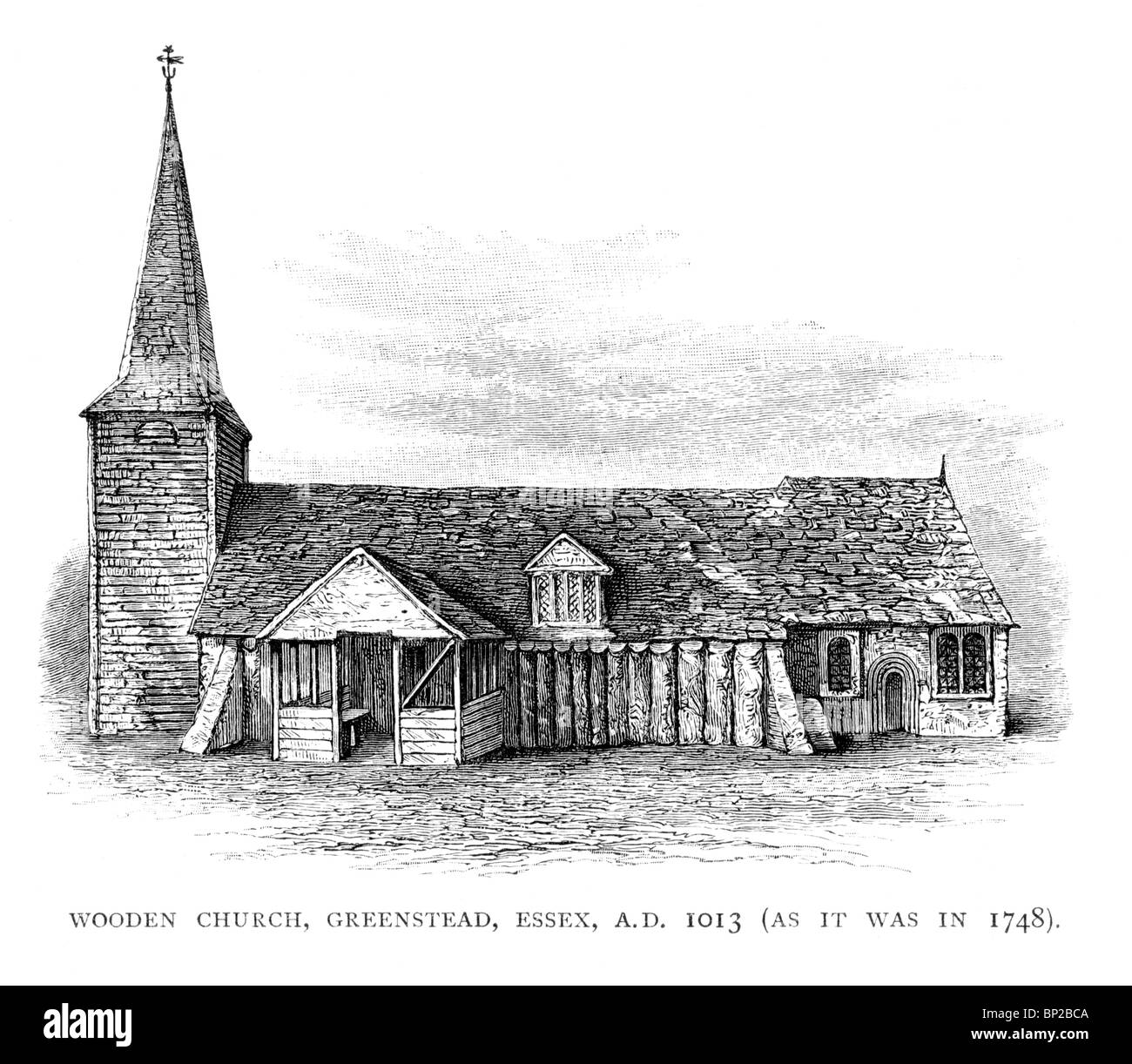 Black and White Illustration; Church of St Andrew in Greenstead, Essex as it was in 1748; The oldest wooden structure in Europe Stock Photo
