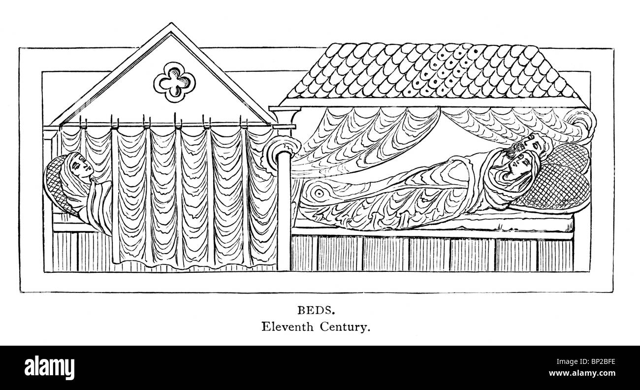 Black and White Illustration; 11th century; Canopied Beds Stock Photo