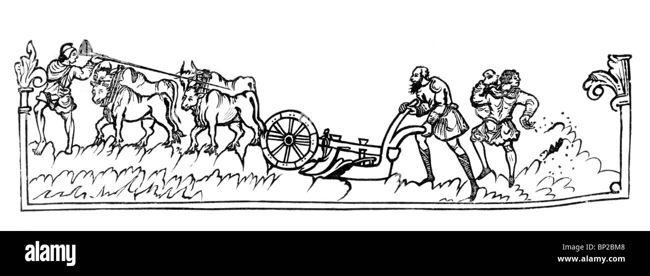 Black and White Illustration; From MS Cotton Julius A vi; The Anglo-Saxon Calendar; January; Ploughing Stock Photo