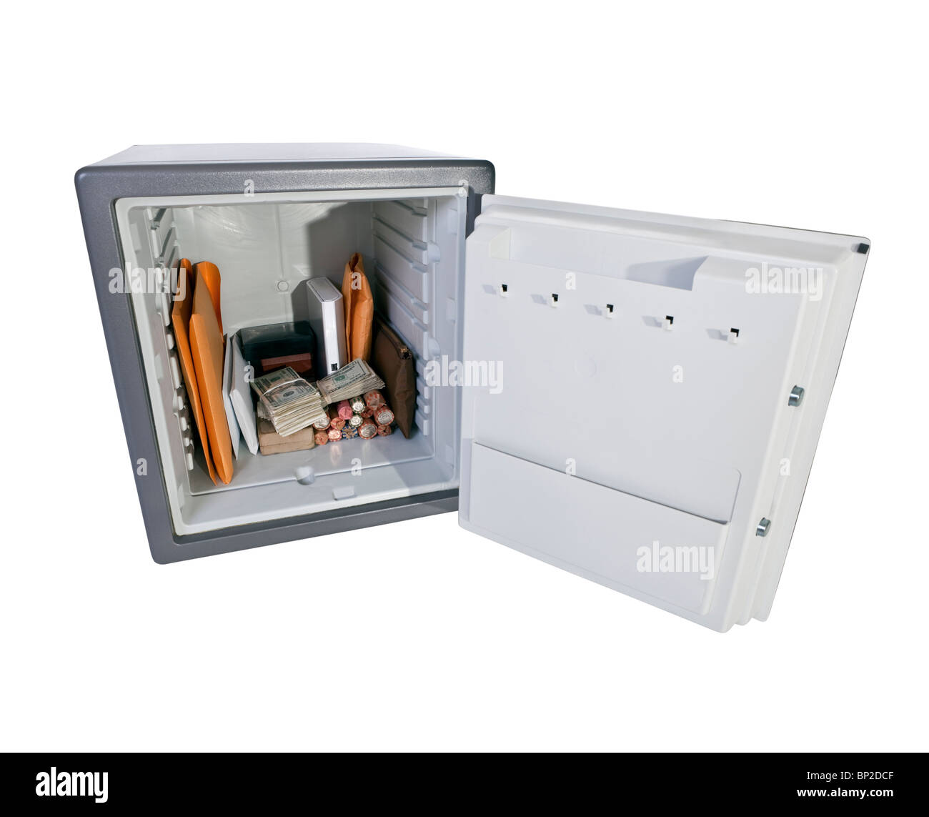Open safe with valuable documents, cash and coins Stock Photo Alamy