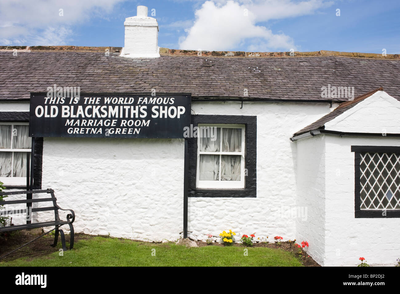 The world famous Old Blacksmith's Shop at Gretna Green, where Britain's wedding couples converge on for a quickie marriage. Stock Photo