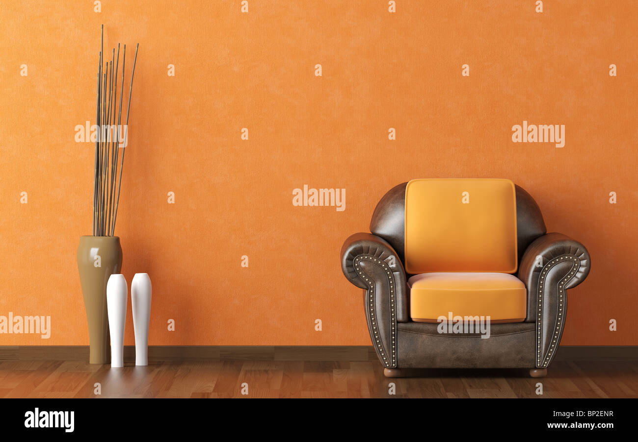interior design scene brown leather couch on a orange wall background