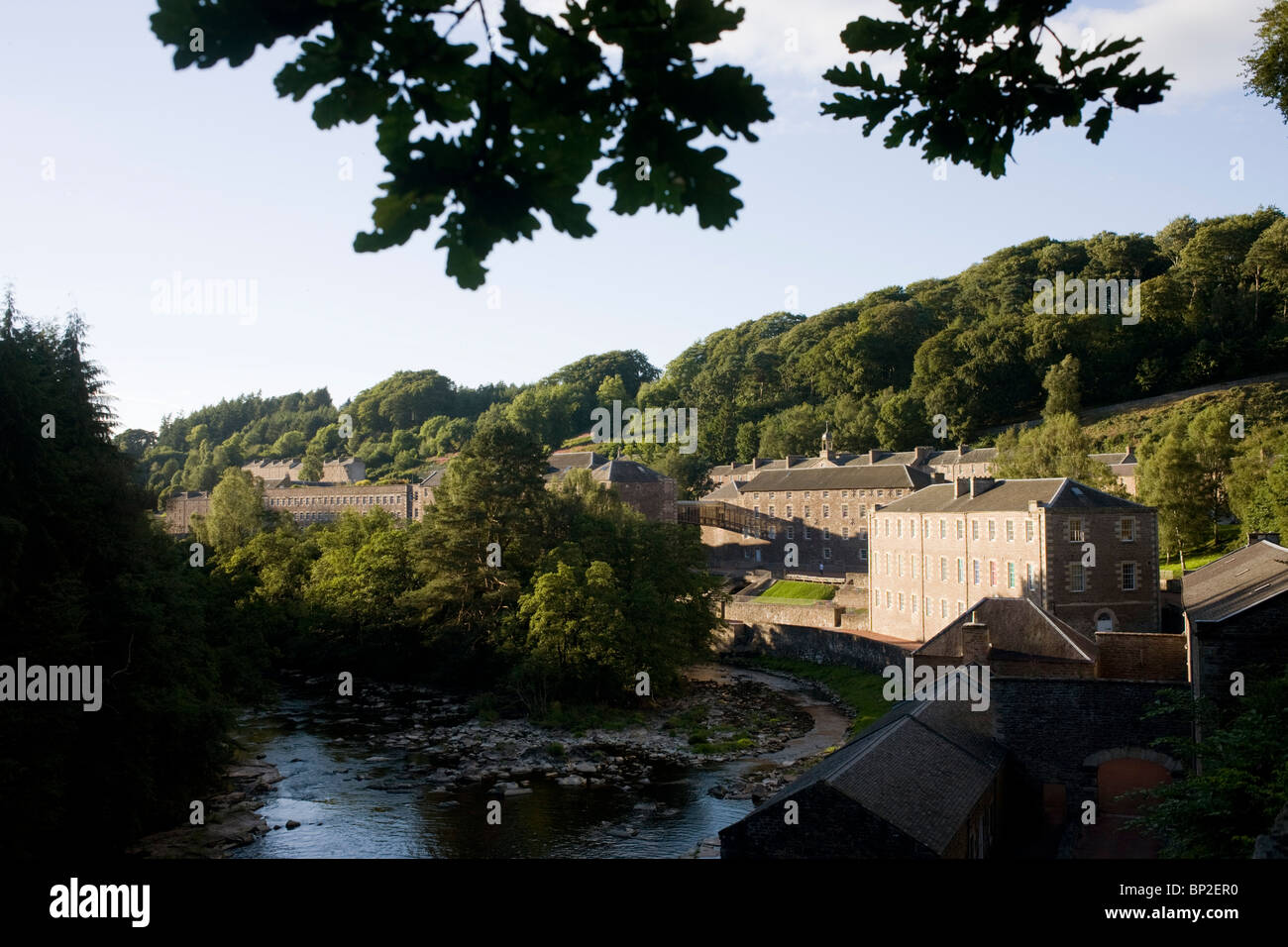 Overview of New Lanark, the Scottish industrial revolution community village managed by social pioneer Robert Owen. Stock Photo