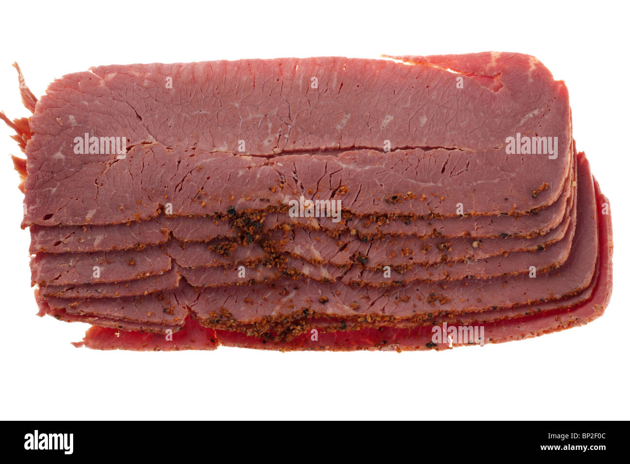 8 slices of Pastrami processed meat Stock Photo