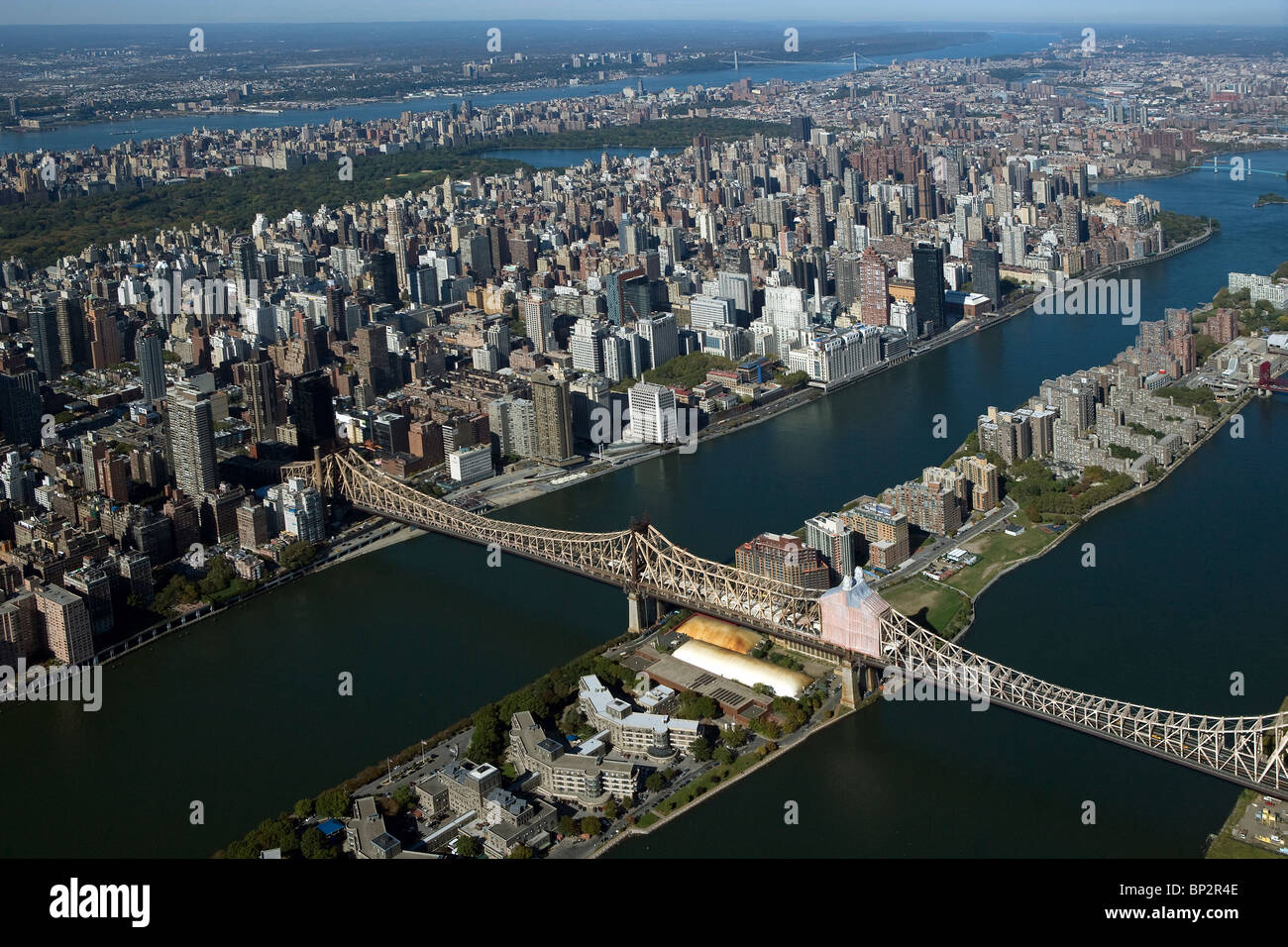 aerial view above Roosevelt Island Queensborough bridge upper East side