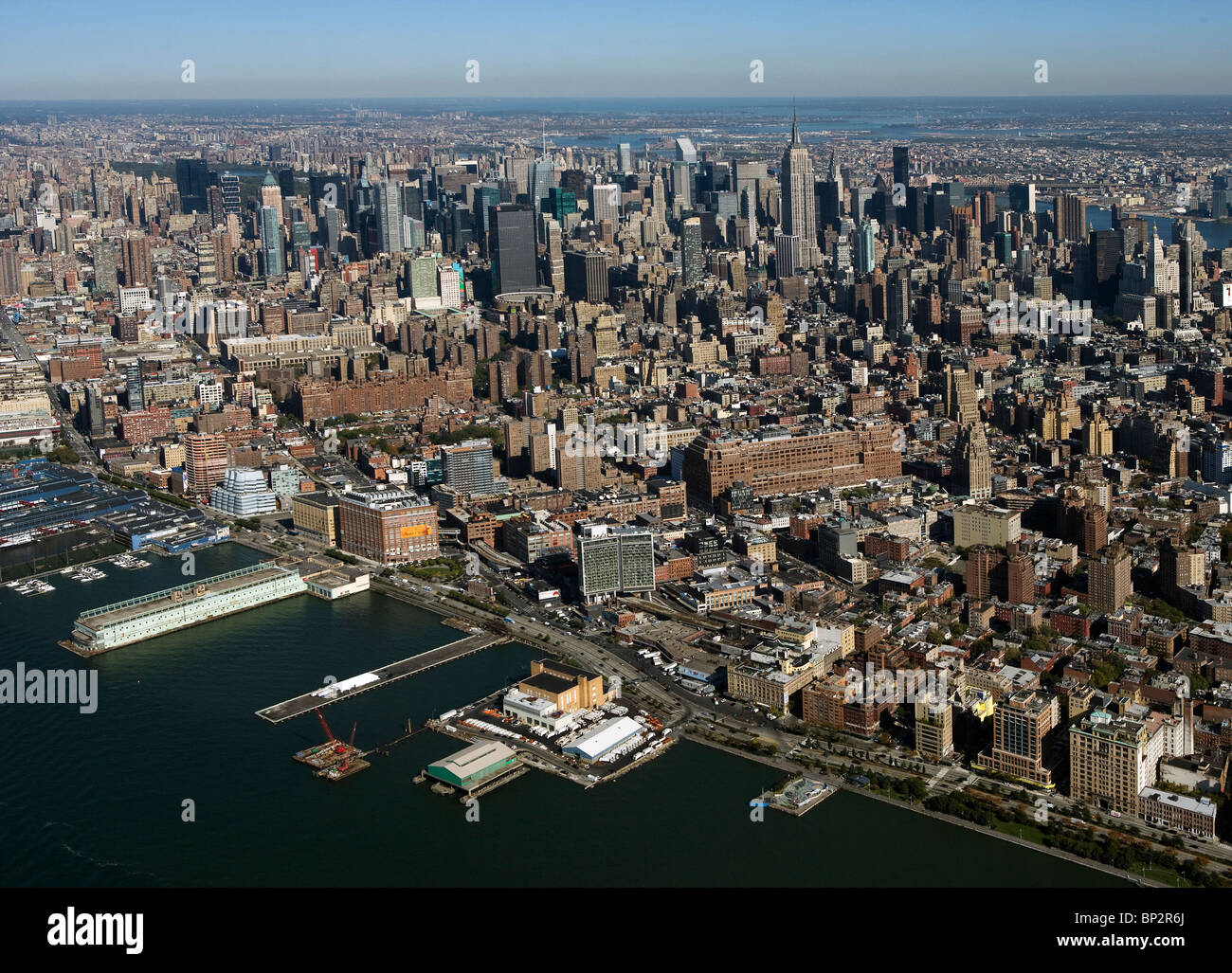 aerial view above Hudson River greenway skyline midtown Manhattan New York city Stock Photo