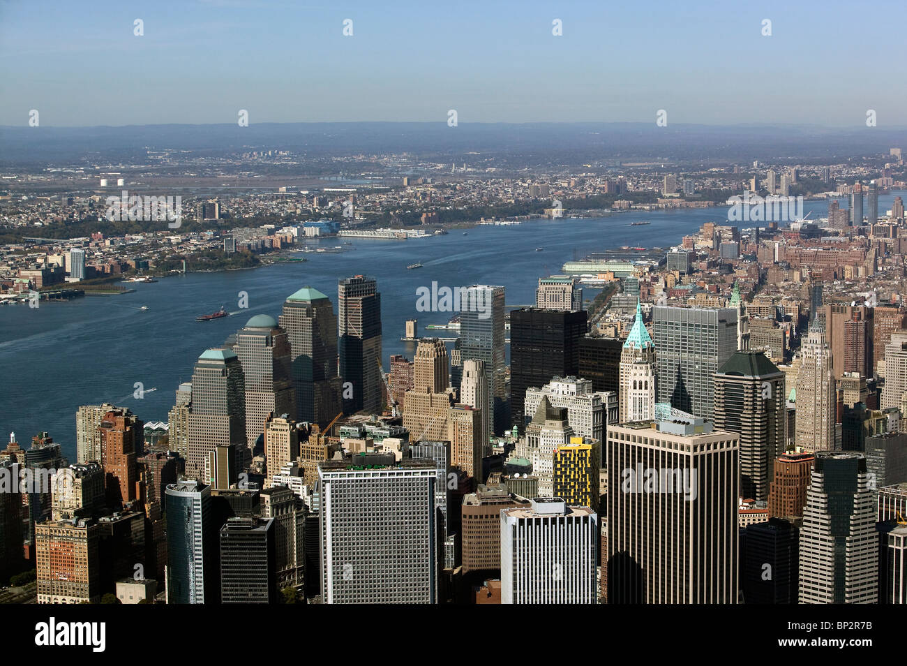 aerial view above downtown Manhattan skyline New York city Stock Photo