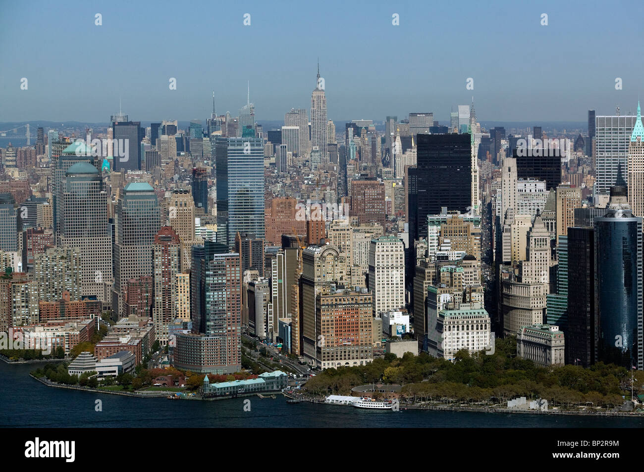 aerial view above Manhattan New York city Stock Photo