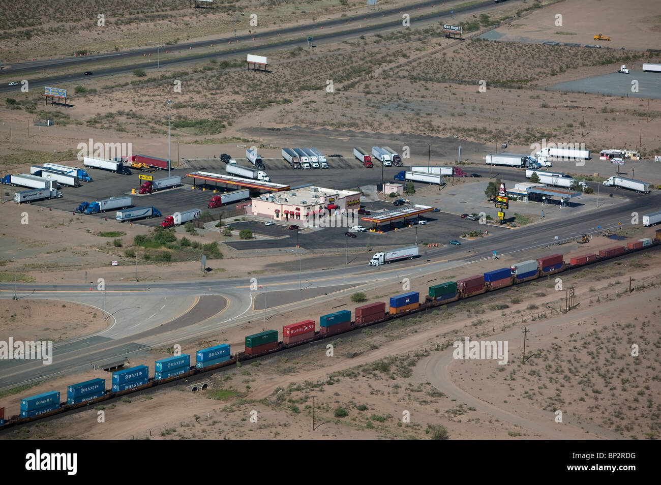 aerial view above truck stop rail road interstate 10 New Mexico Stock Photo