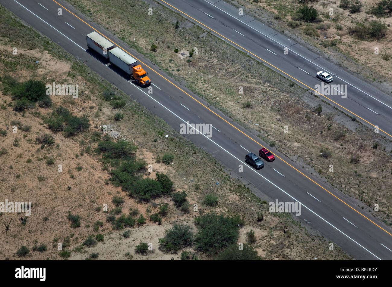aerial view above truck cars interstate 10 New Mexico Stock Photo