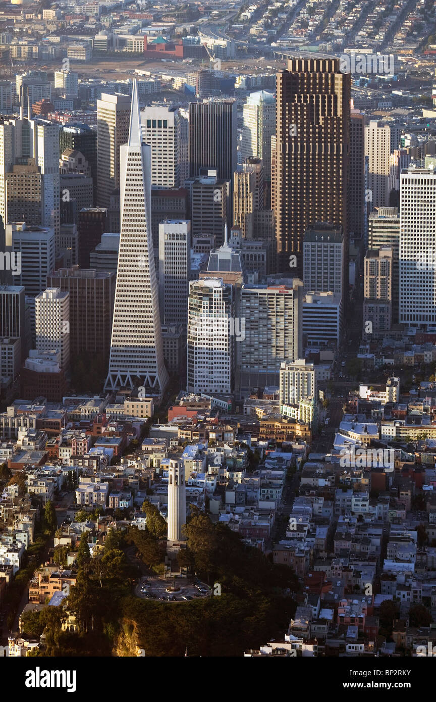 aerial view above Coit Tower Transamerica Pyramid Bank of America building San Francisco California Stock Photo