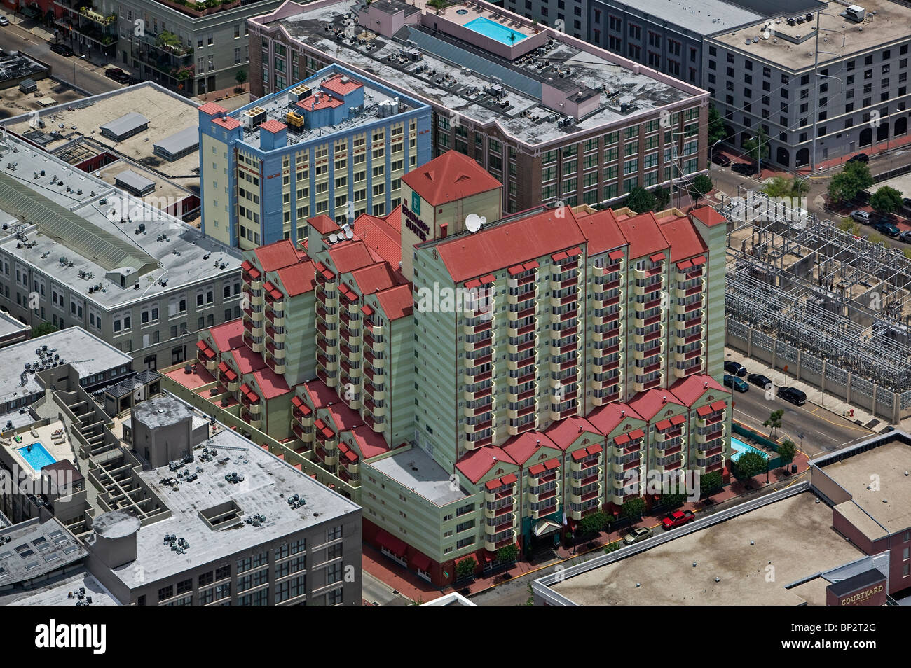 aerial view above Embassy Suites Courtyard by Marriott  hotels New Orleans Louisiana Stock Photo