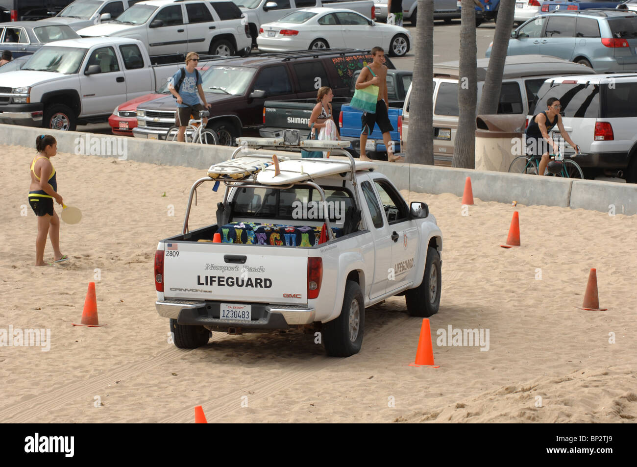 Lifeguard response vehicle driving near the shoreline at Newport Beach, California Stock Photo