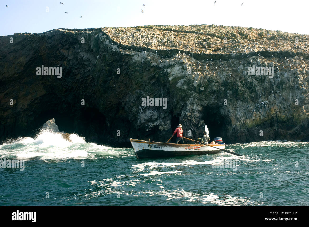 Fishermen risk their lives at the guano islands of Ballestas, Reserva Nacional de Paracas, Peru. Stock Photo