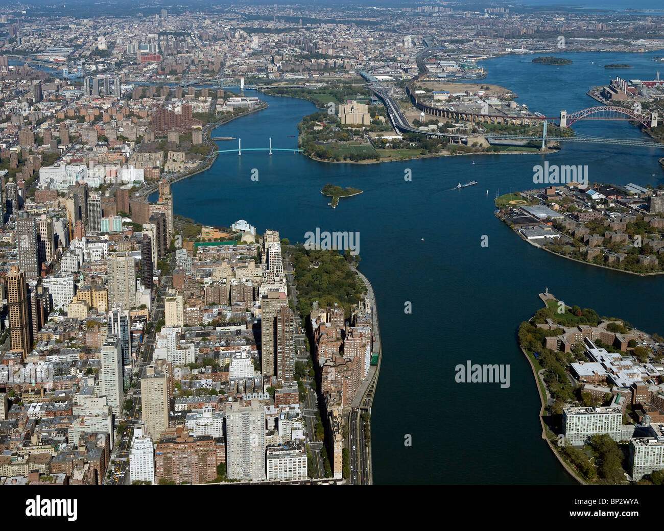aerial view above East river upper east side Manhattan New York city Stock Photo