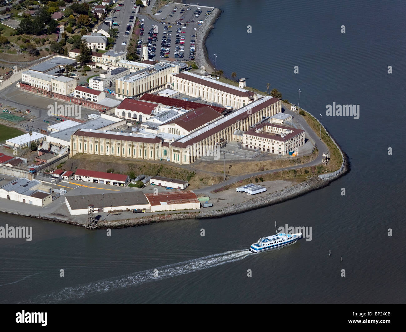 aerial view above San Quentin State prison Marin County California Stock Photo