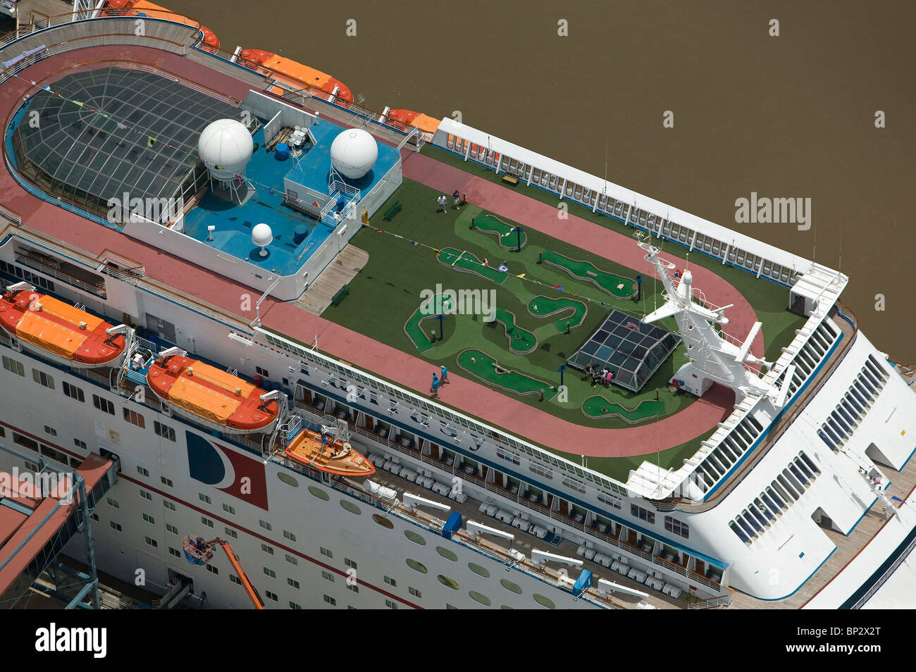 aerial view above Carnival Cruise Lines ship Fantasy Stock Photo