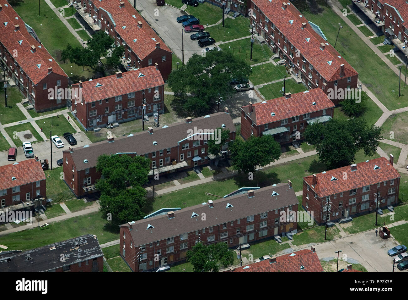 aerial view above brick apartment houses New Orleans Louisiana Stock Photo
