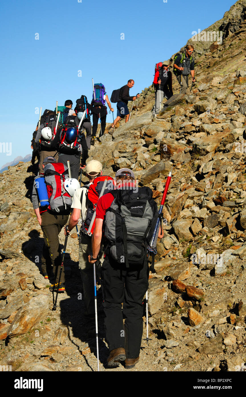 Alpinists on the ascent to the Mont Blanc peak, French Alps, Haute-Savoie, France Stock Photo