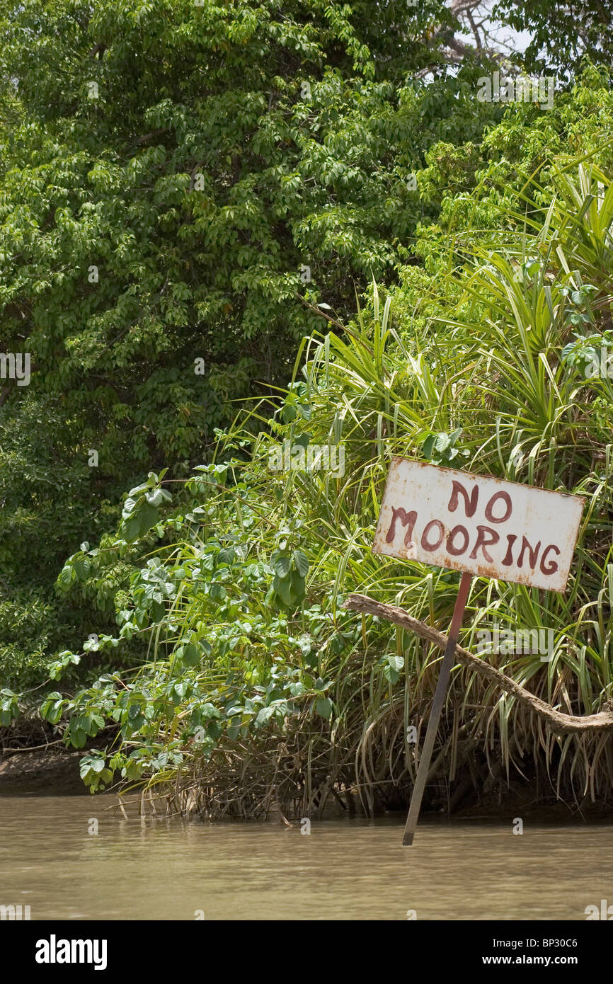 Sign reading 'No Mooring' on island reserve, Baboon Island, The Gambia Stock Photo