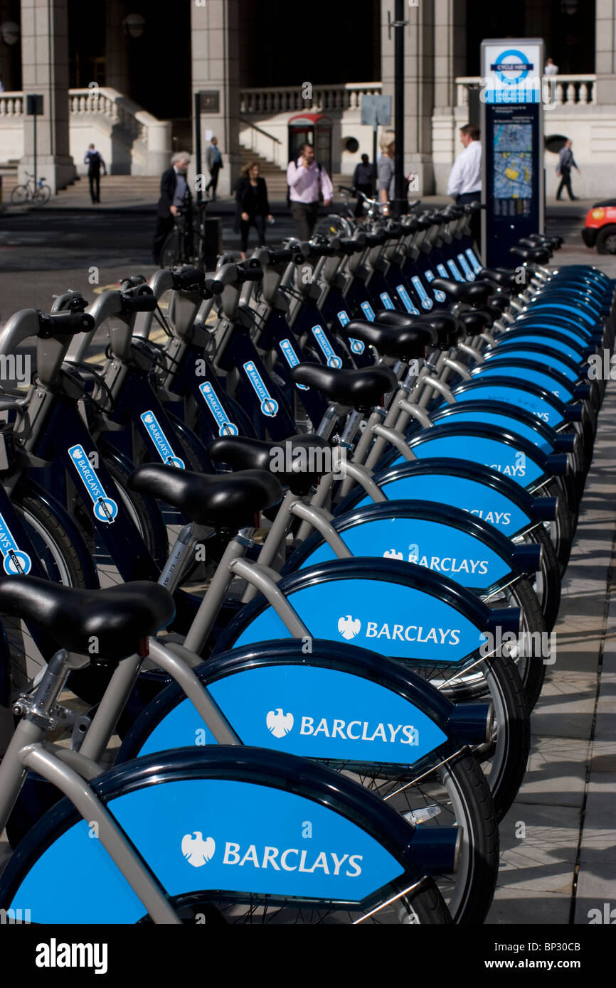 Row of blue barclays boris bikes. Bicycles Scheme aims to rent cycles to Londoners and visitors in central london Stock Photo