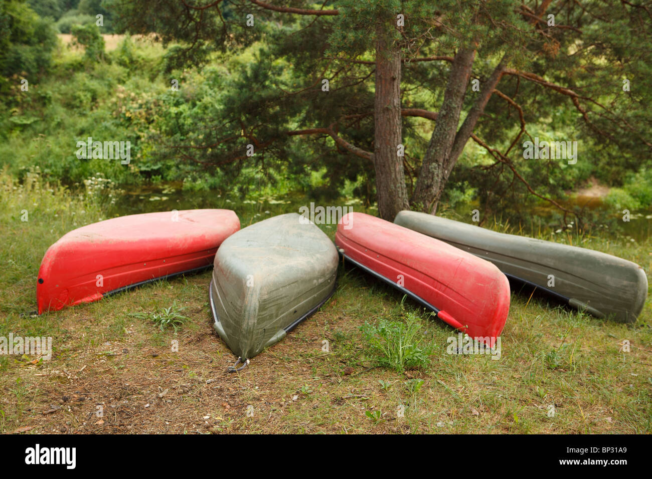 Four canoes drying on riverbank Stock Photo Alamy