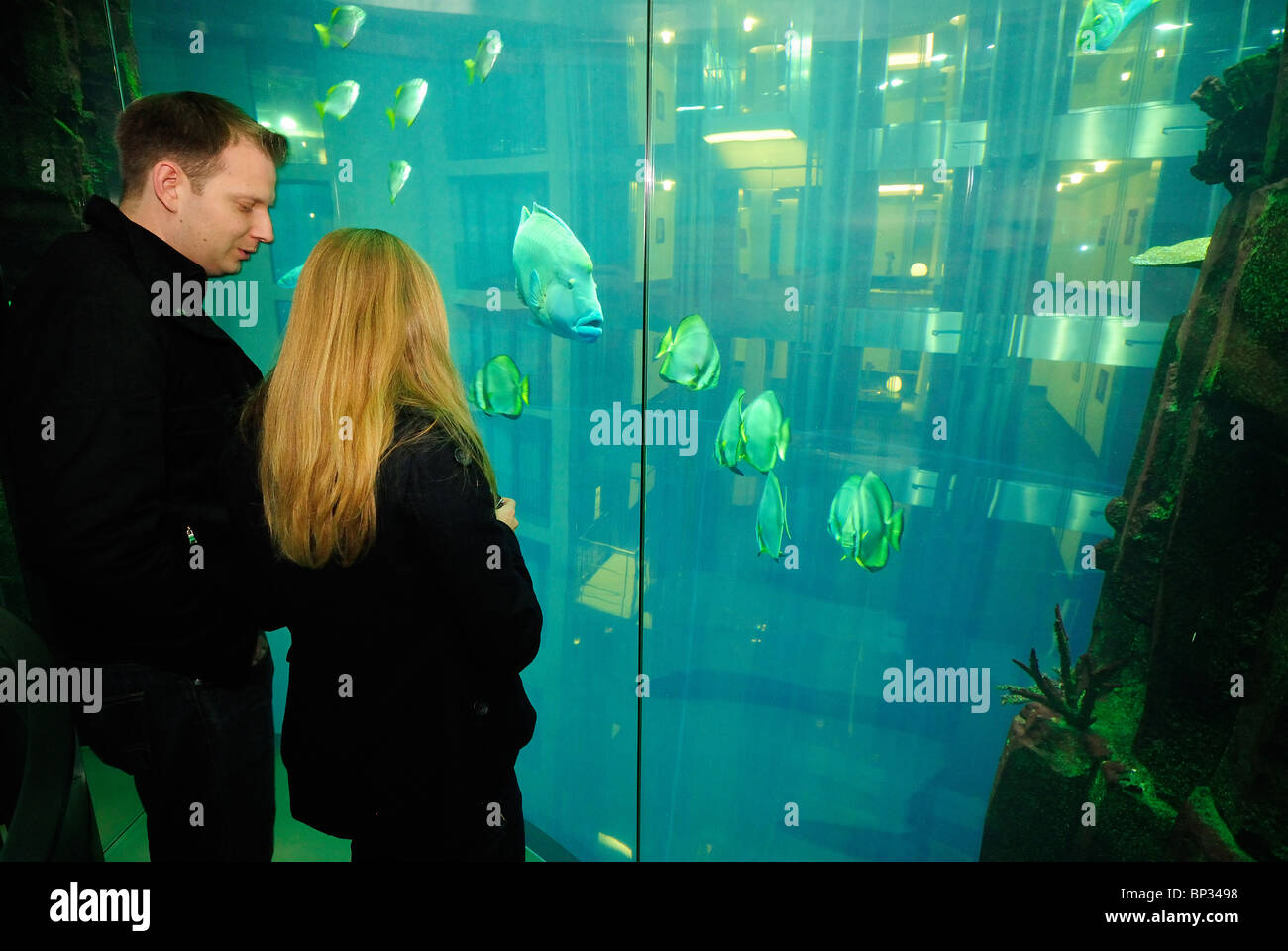 Inside elevator of AquaDom of the Sealife in the lobby of the Radisson SAS hotel, DomAquarée, Berlin Mitte, Germany, Europe. Stock Photo