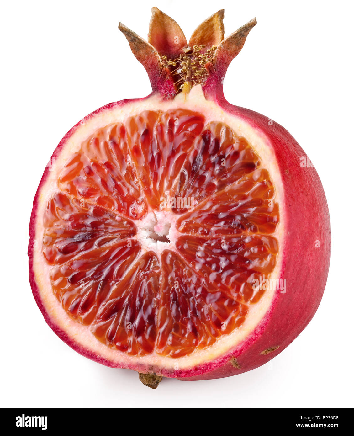 Red orange cut ripe pomegranate. Product of genetic engineering. Computer assembly. Stock Photo