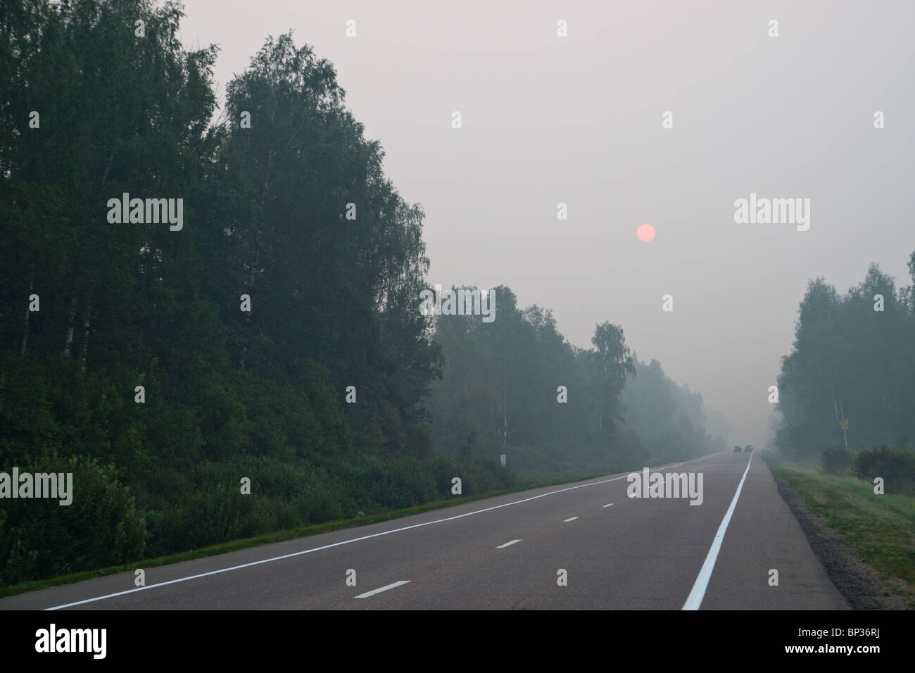 A road in smog of forest fires Stock Photo
