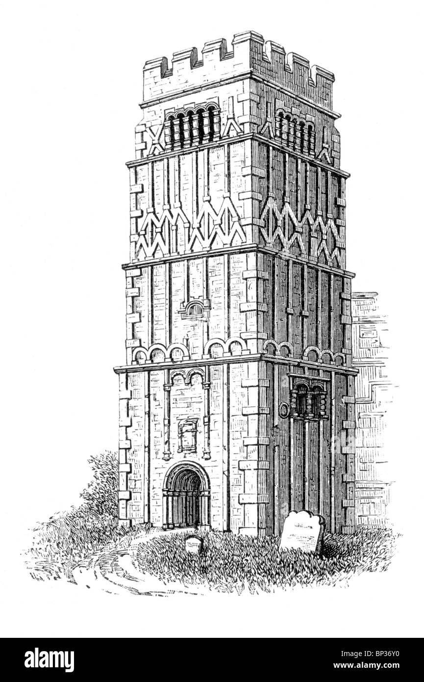 Black and White Illustration; The 10th century Anglo Saxon Tower at Earls Barton Church, Northamptonshire Stock Photo