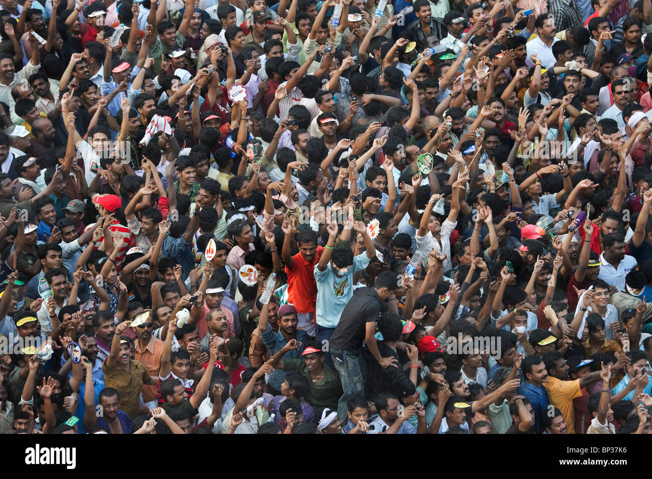 India Kerala Thrissur a joyful large crowd during the Pooram Elephant Festival Stock Photo