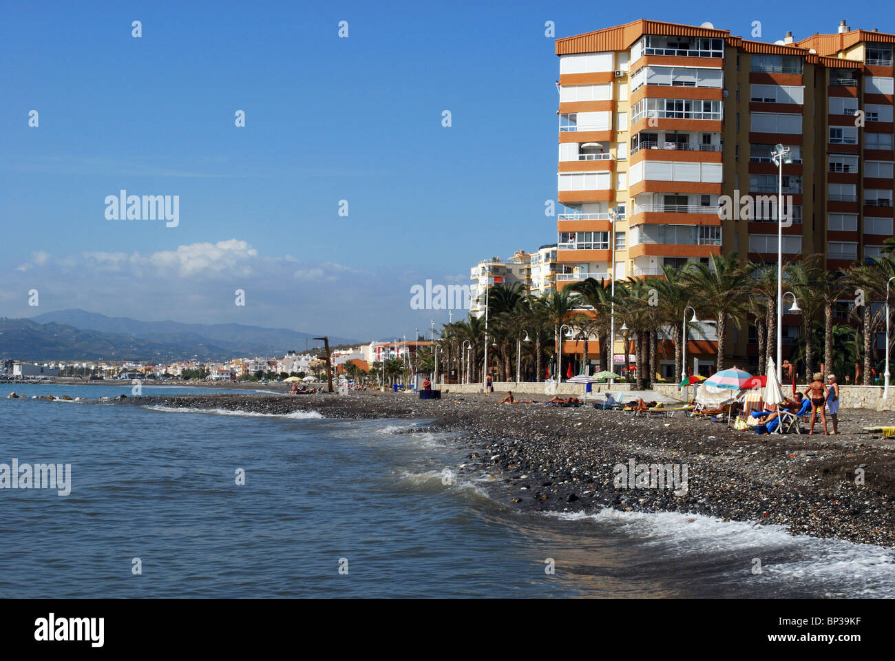 View of the beach and coastline, Lagos, Algarrobo Costa, Costa del Sol, Malaga Province, Andalucia, Spain, Western Europe. Stock Photo