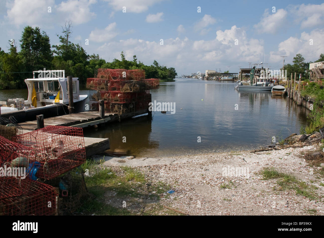 Docked fishing boats during shrimping season in Hopedale, Louisiana