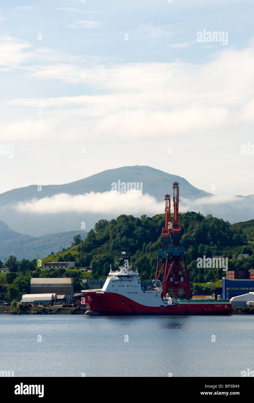 A ship being built at Ulsteinvik, Western Norway. Home of Rolls Royce and Ulstein shipyards.  Oil Well support vessel. Stock Photo