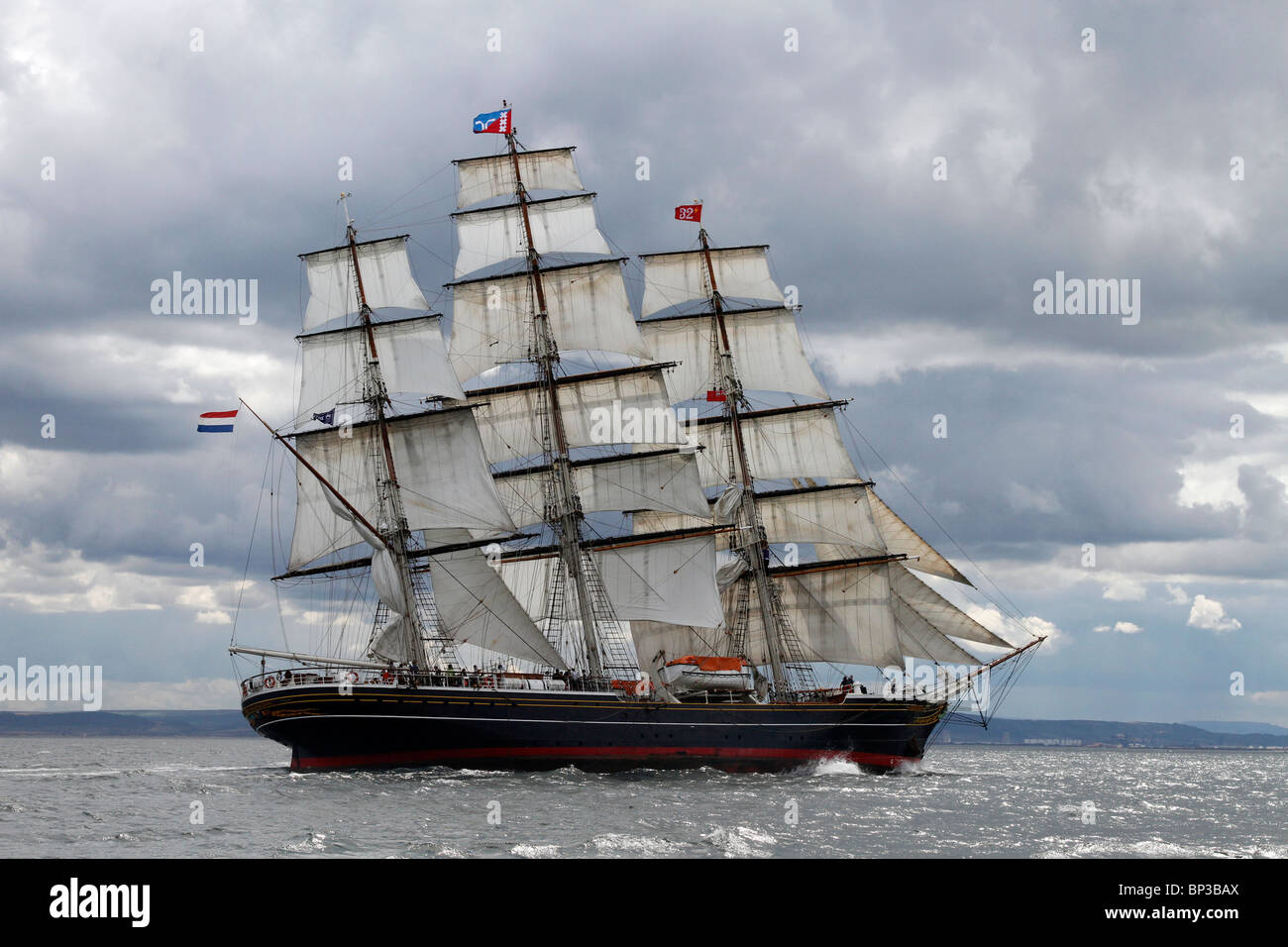 Stad Amsterdam at sea, a sailing voyage under square sail. Majestic