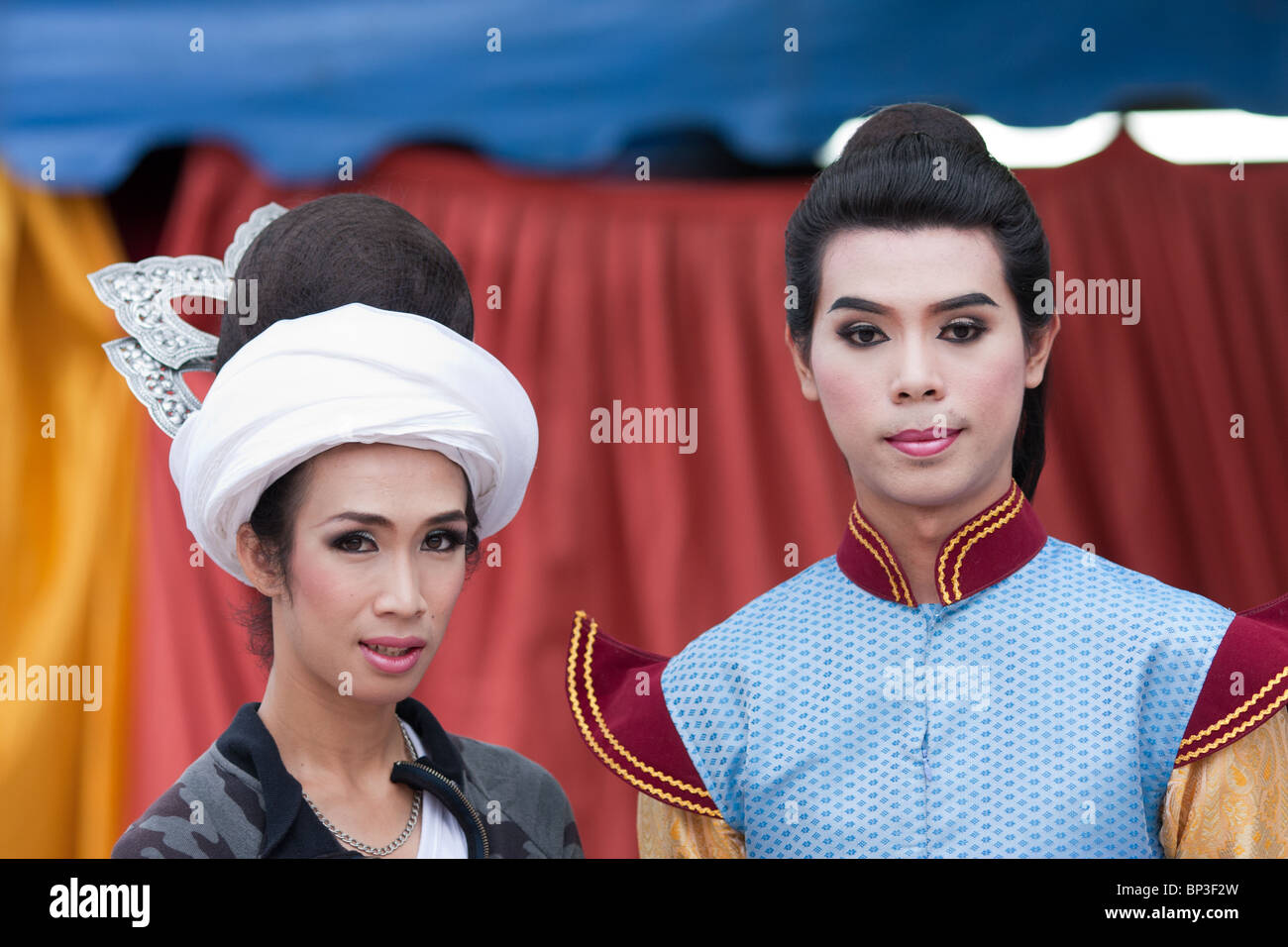 two young thai men dressed a women Stock Photo