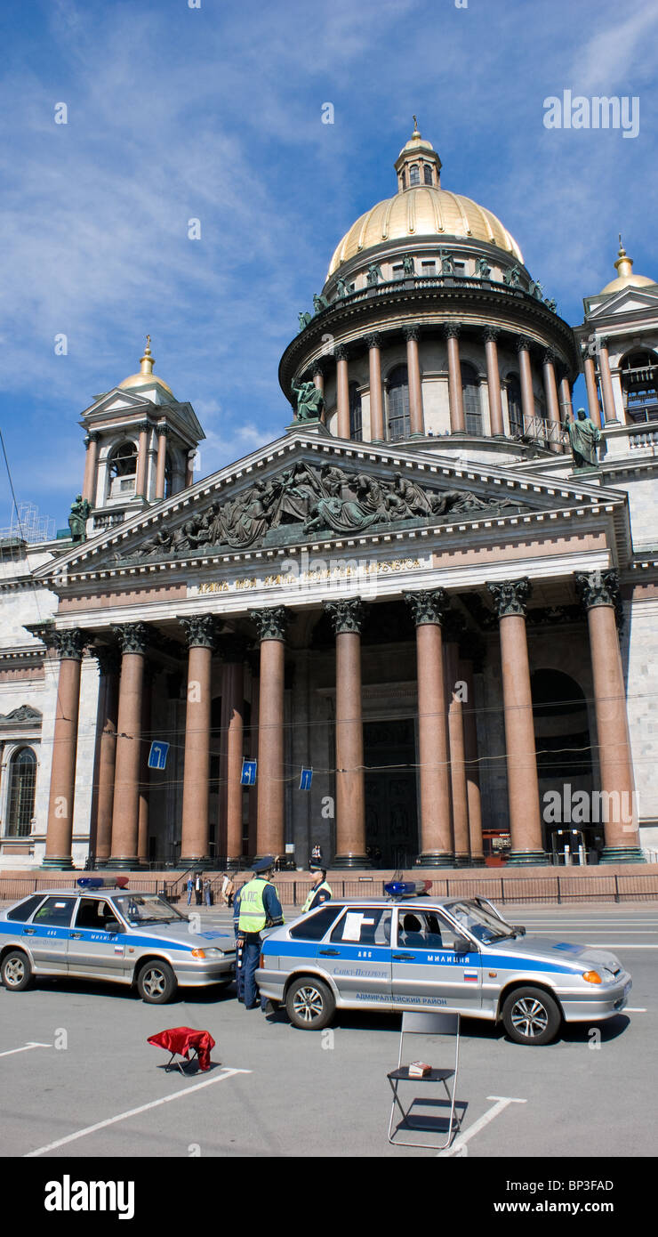Russian traffic police in front of Saint Issac's Cathedral in Saint Petersburg. Stock Photo