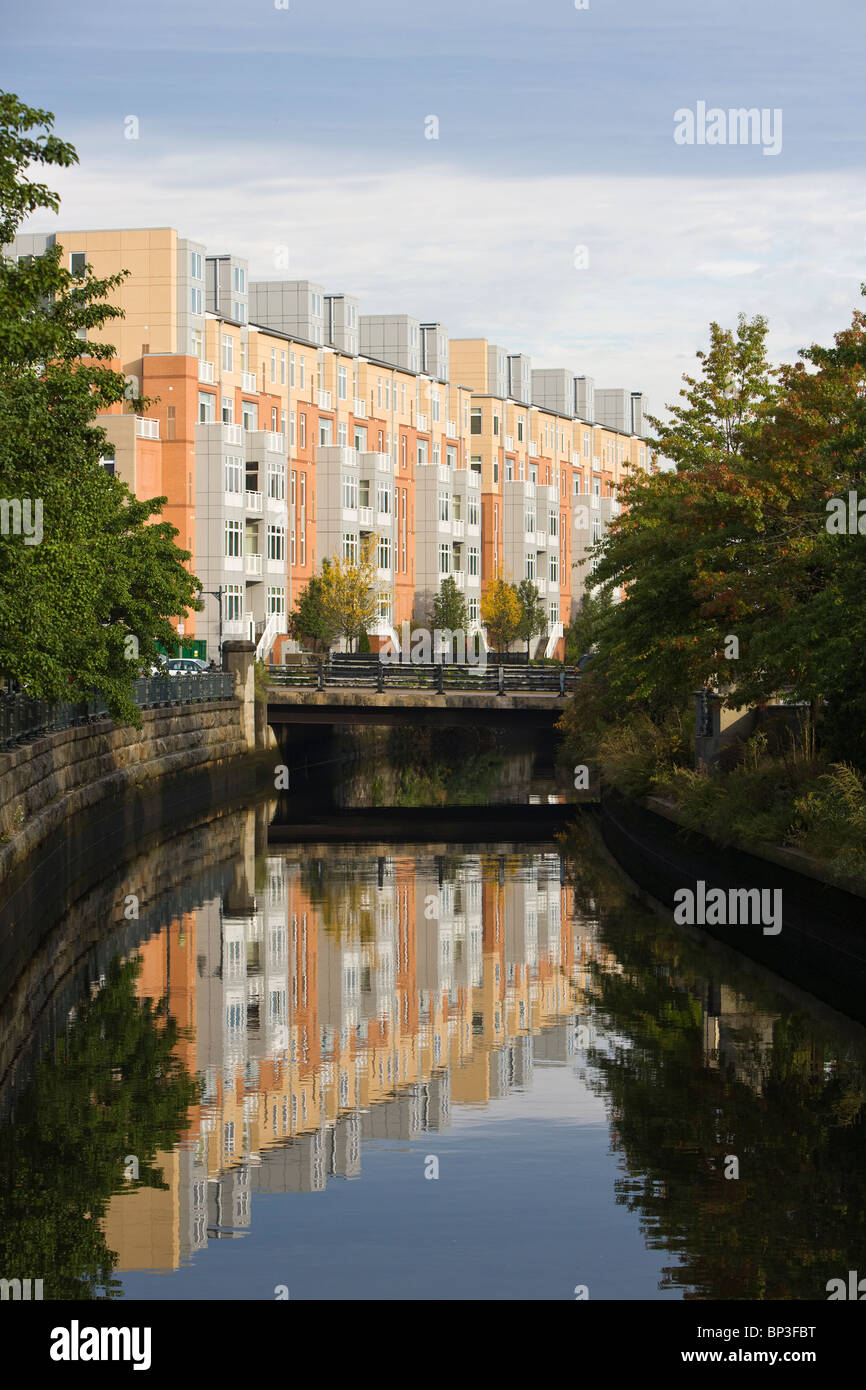 Apartments overlook a waterway in downtown Providence, Rhode Island
