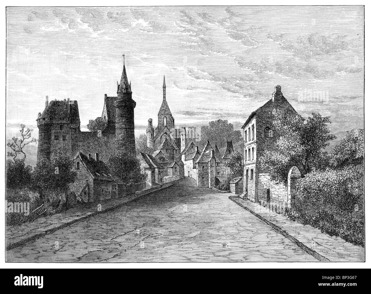 Black and White Illustration; Durtal, Pays de la Loire, France Stock Photo
