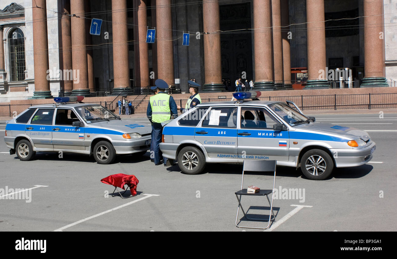 Russian traffic police in front of Saint Issac's Cathedral in Saint Petersburg. Stock Photo