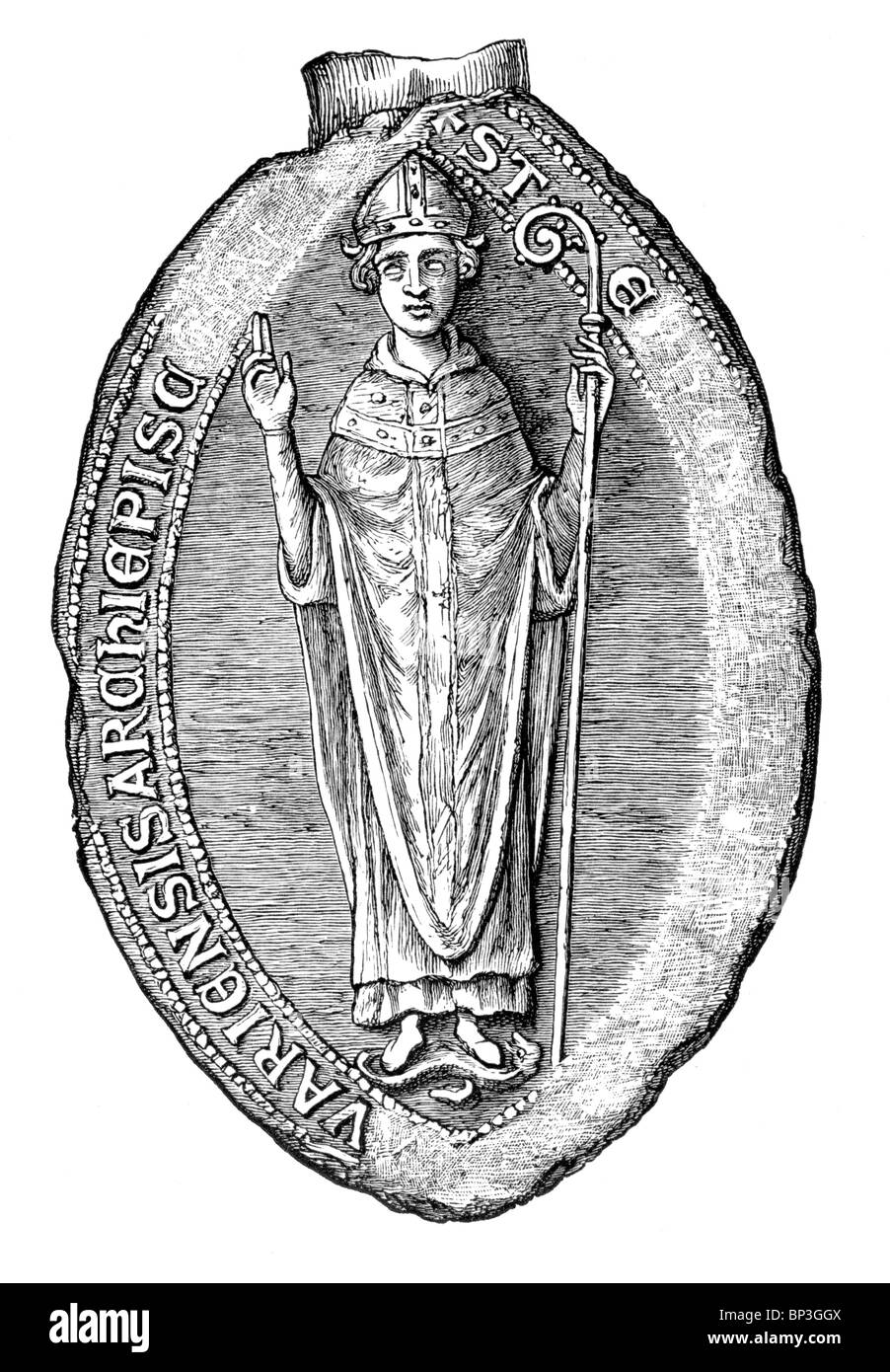 Black and White Illustration; Seal of Stephen Langton (1150-1228), Archbishop of Canterbury from 1207 to 1228; 13th century; Stock Photo