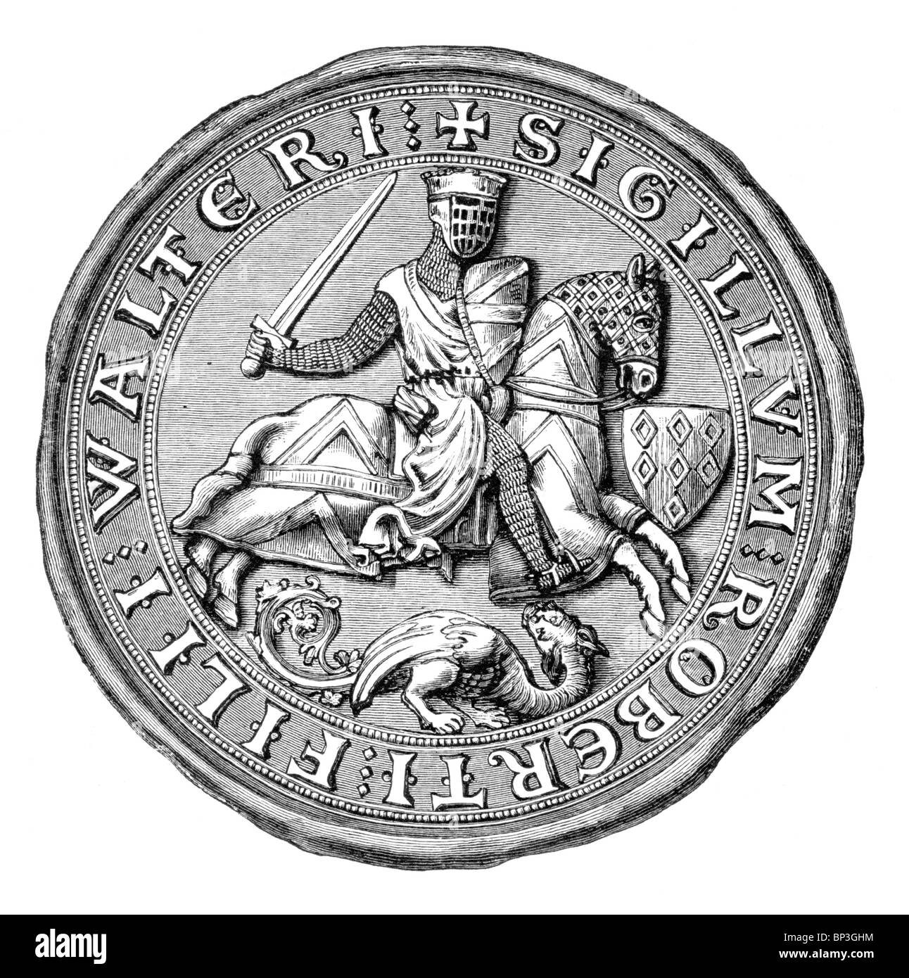 Black and White Illustration; The Seal of Robert Fitz-Walter, leader of the Baronial opposition to King John I of England Stock Photo