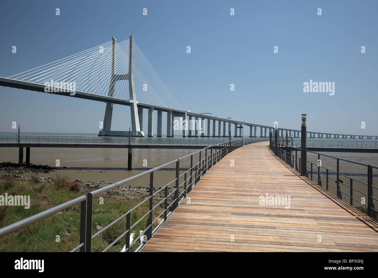 Vasco da Gama bridge - with 17 km the longest bridge in Europe. Lisbon, Portugal Stock Photo
