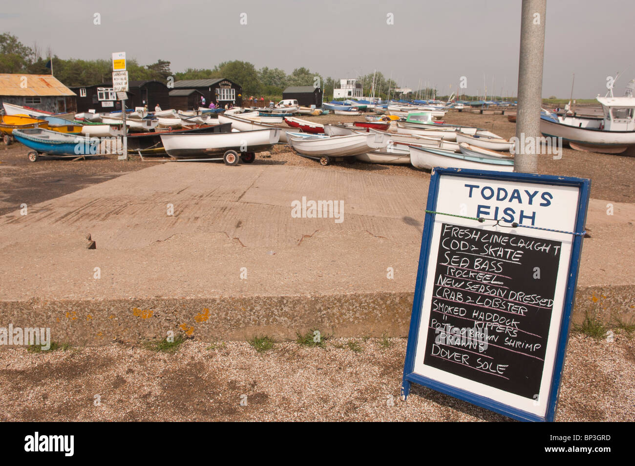 A sign advertising todays fresh line caught fish for sale at Orford , Suffolk , England , Great Britain , Uk Stock Photo