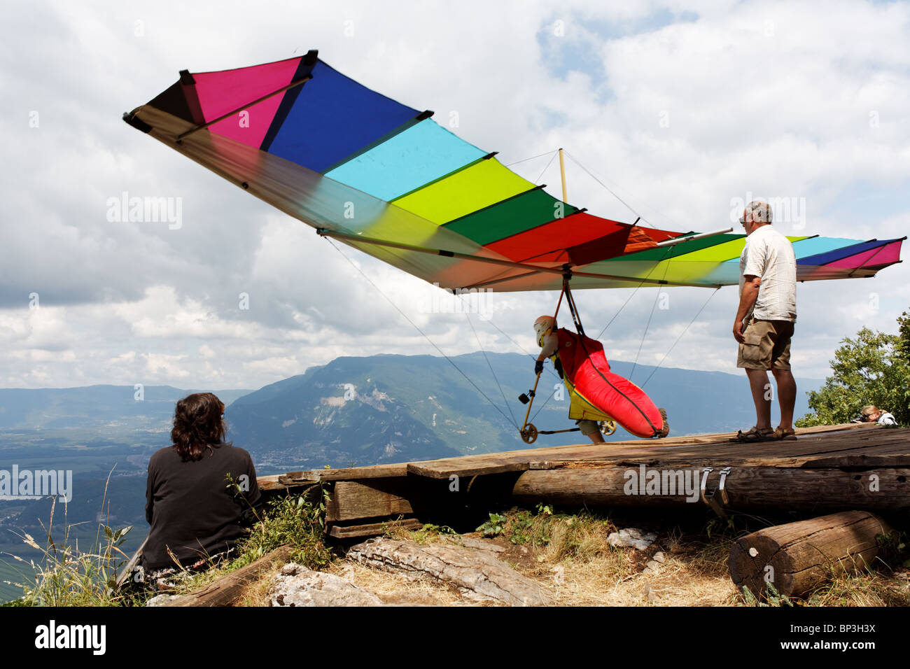 Hang glider on his launching pad Stock Photo